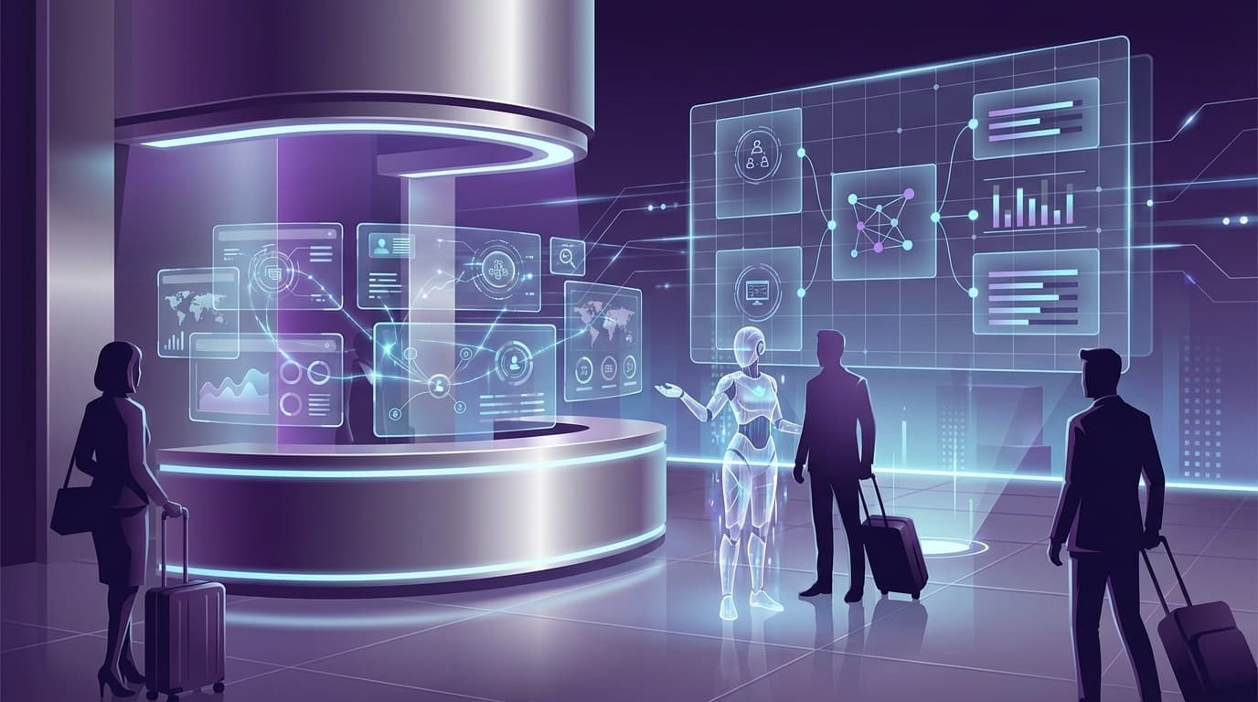 AIフロントデスクソリューションの比較を表現した、未来的なホテル受付のイラスト