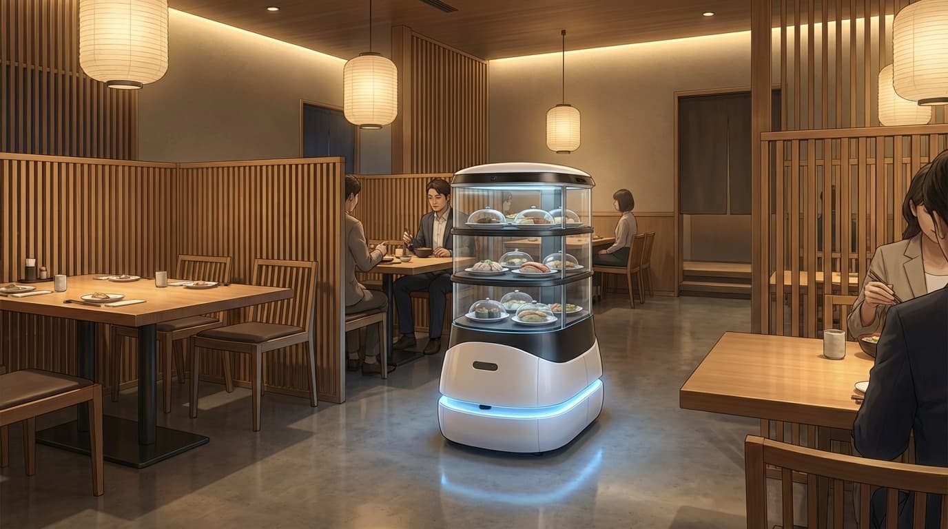 配膳ロボットがホテルレストランで料理を運ぶイメージイラスト