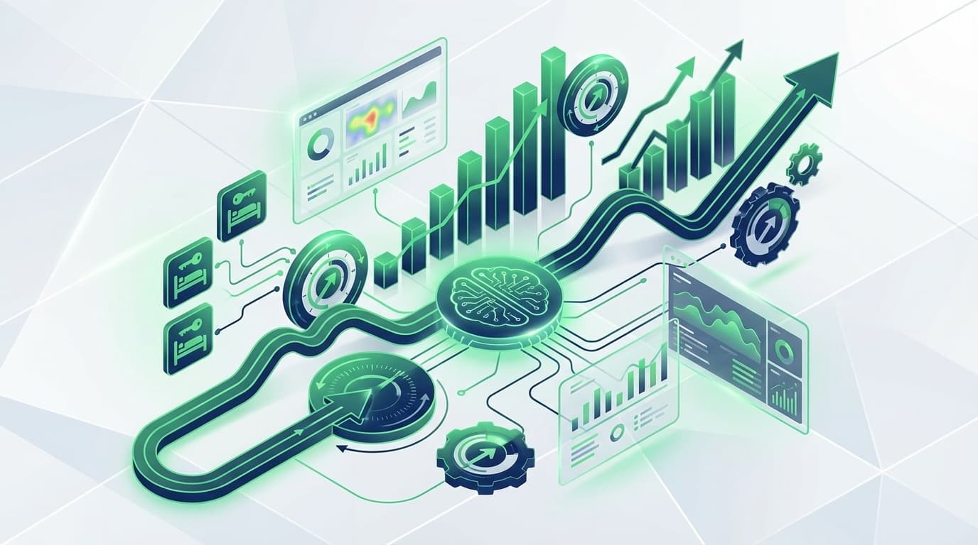 ダイナミックプライシングによる収益最適化を表現した、グラフと価格調整ダイヤルのイラスト